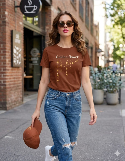Golden Flower Aesthetic T-Shirt – Minimal Floral Graphic Tee