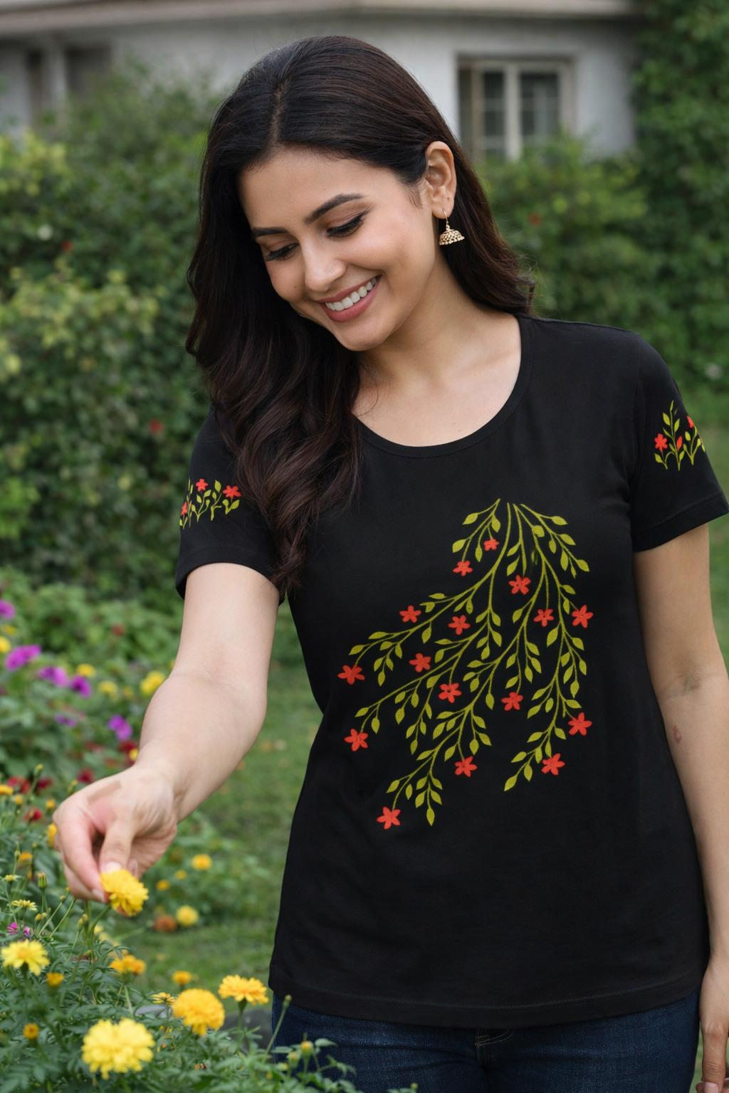 Women Floral Printed T-Shirt | Elegant Nature Design Casual Tee for Daily Wear