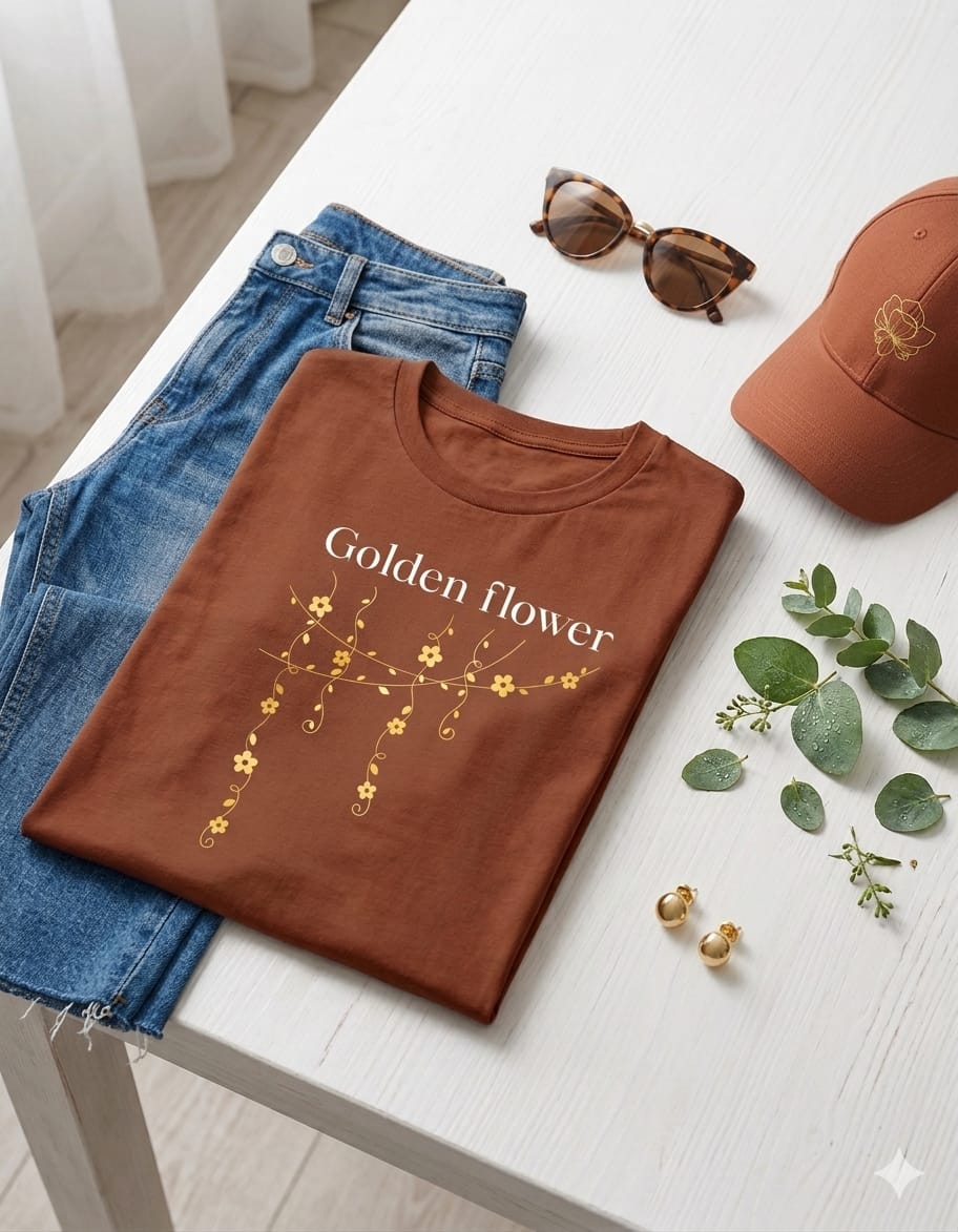 Golden Flower Aesthetic T-Shirt – Minimal Floral Graphic Tee