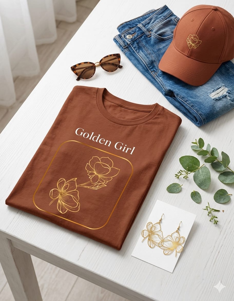 Golden Girl Aesthetic T-Shirt – Minimal Floral Graphic Tee