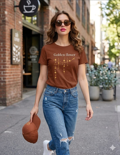 Golden Flower Aesthetic T-Shirt – Minimal Floral Graphic Tee