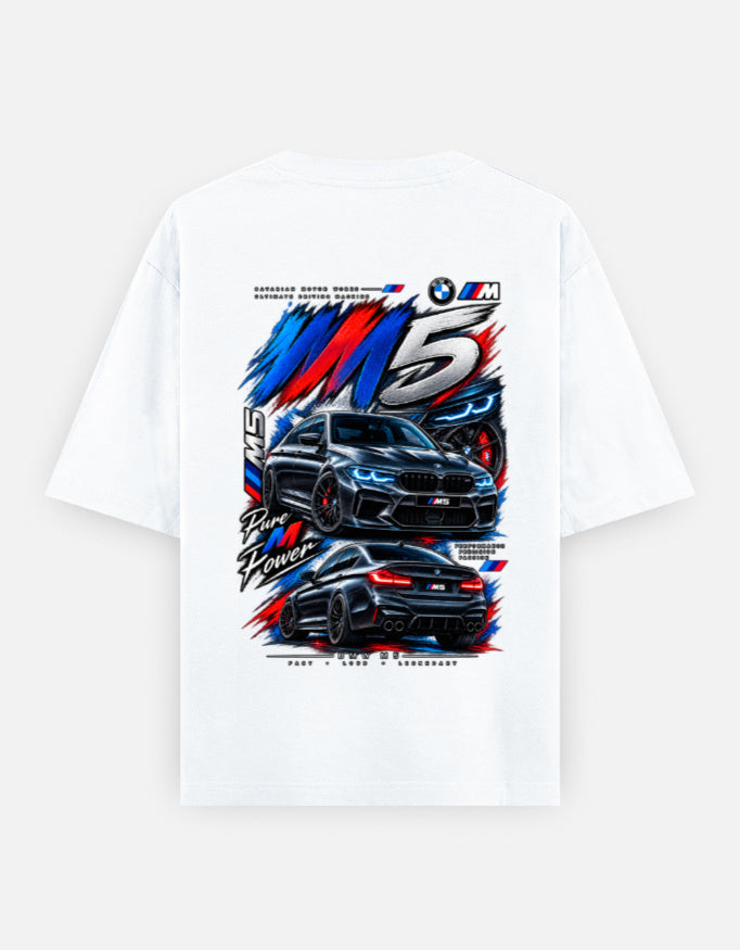 man wearing BMW M5 graphic oversized t-shirt streetwear style