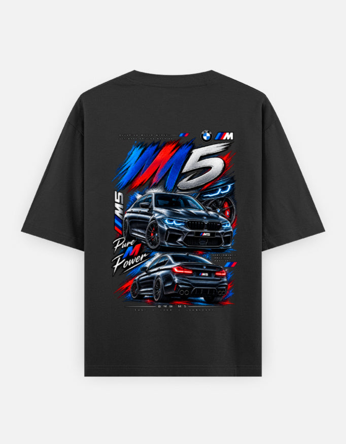 BMW M5 car graphic and typography on black oversized t-shirt