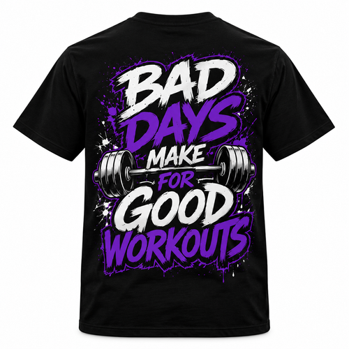 Black regular fit gym t-shirt with bold purple and white Bad Days Make for Good Workouts graphic print