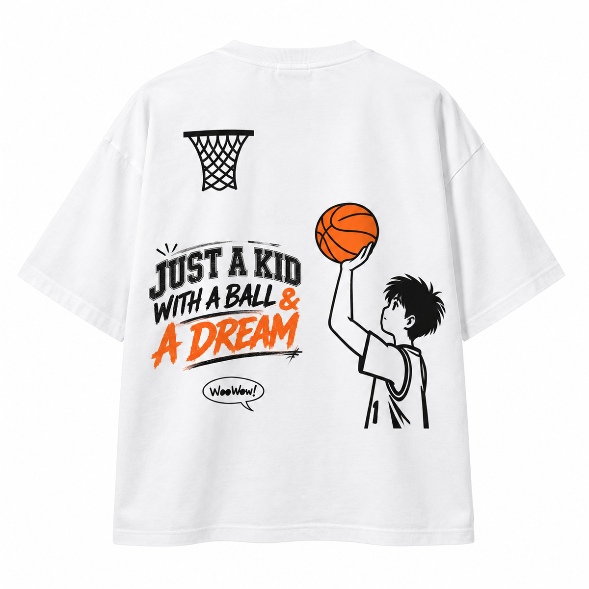 Everywibe white basketball graphic oversized T-shirt for men with Just A Kid With A Ball & A Dream print