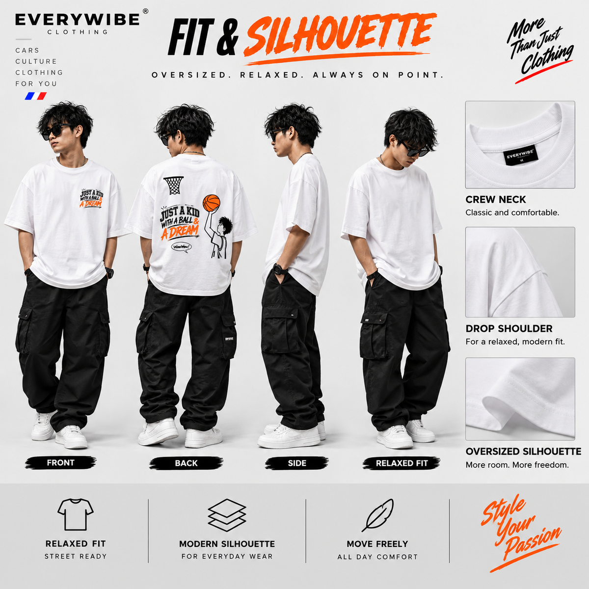 Everywibe white oversized basketball T-shirt showing front, back, side and relaxed fit