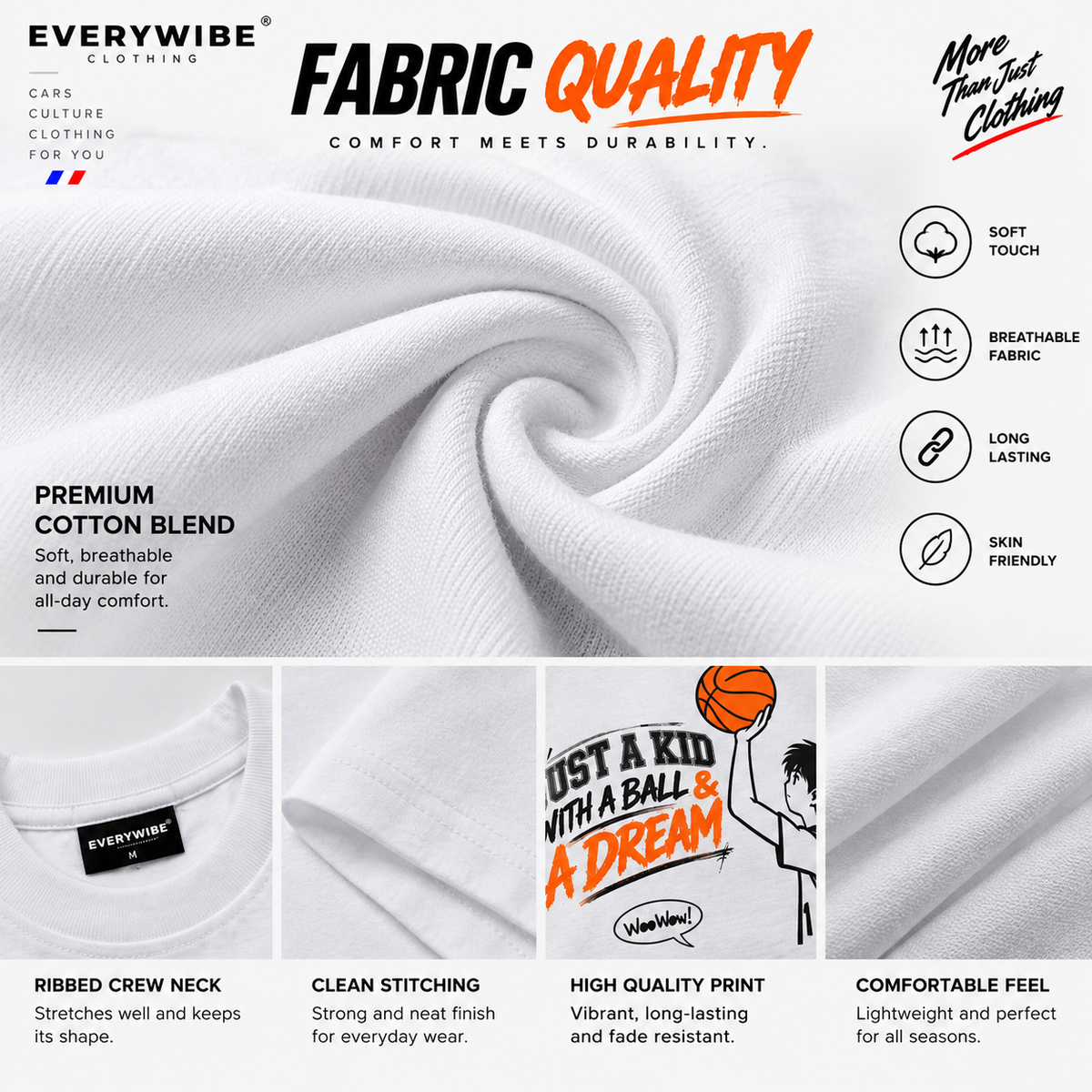 Everywibe white oversized T-shirt showing fabric texture, crew neck, stitching and basketball graphic print