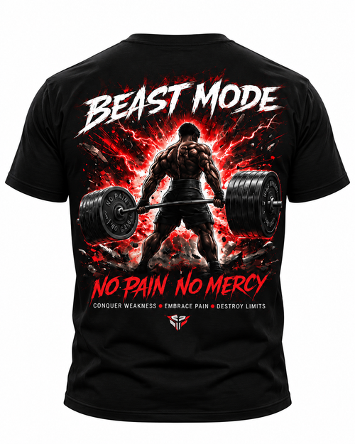 Black Beast Mode gym t-shirt with No Pain No Mercy deadlift graphic back print