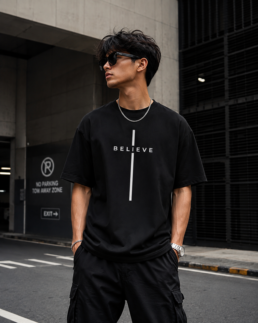 Believe Minimalist Oversized T-Shirt for Men | Premium Cotton Streetwear Graphic Tee | Black
