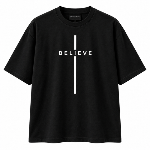 Everywibe black Believe minimalist oversized T-shirt for men with white graphic print