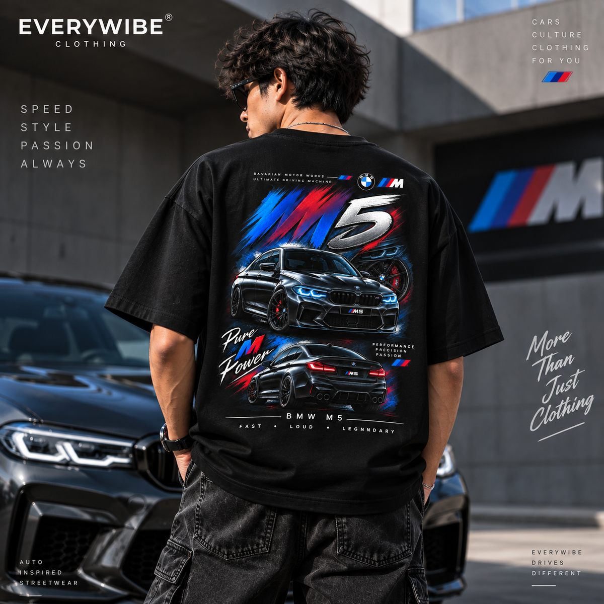 Everywibe BMW M5 black oversized graphic T-shirt styled on model with sports car