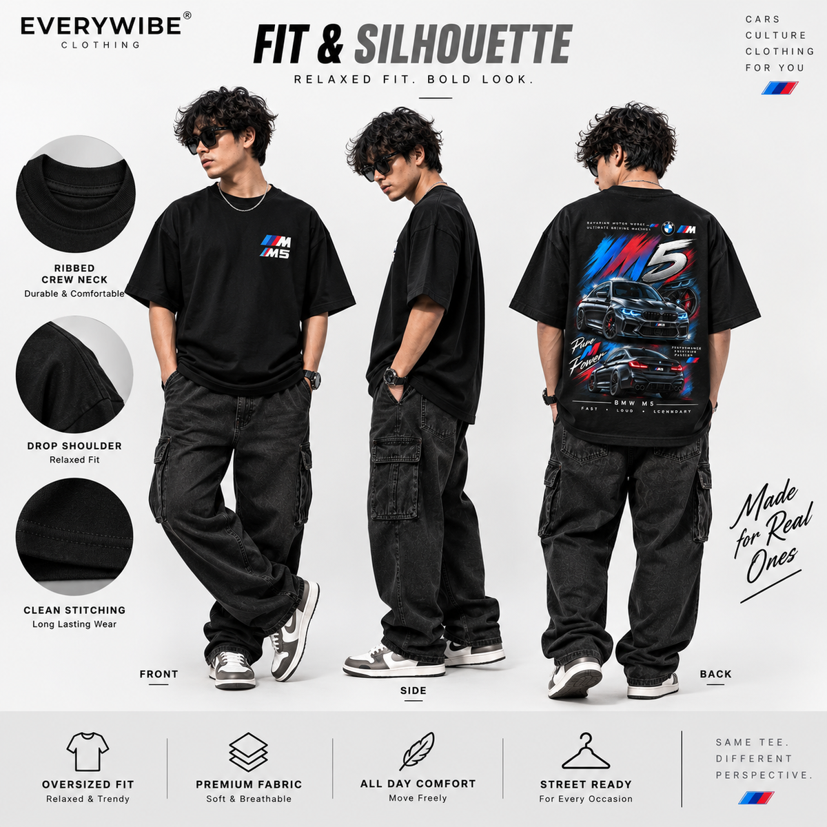 Everywibe BMW M5 oversized black T-shirt showing relaxed fit, drop shoulders and crew neck