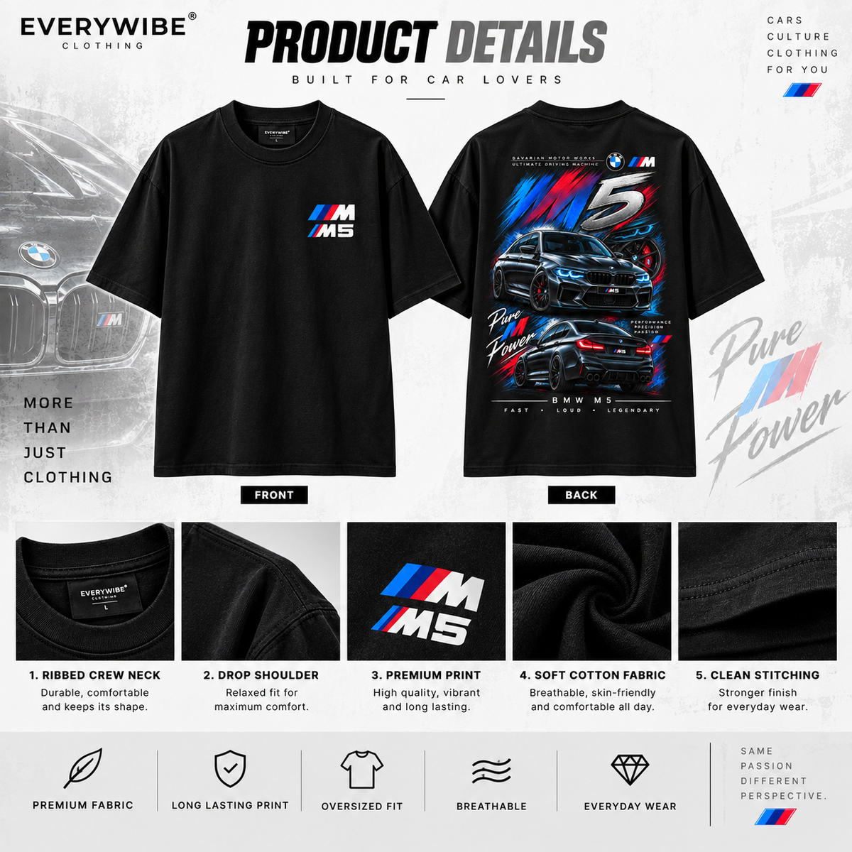 Everywibe BMW M5 black graphic T-shirt showing fabric, ribbed collar, print and stitching details