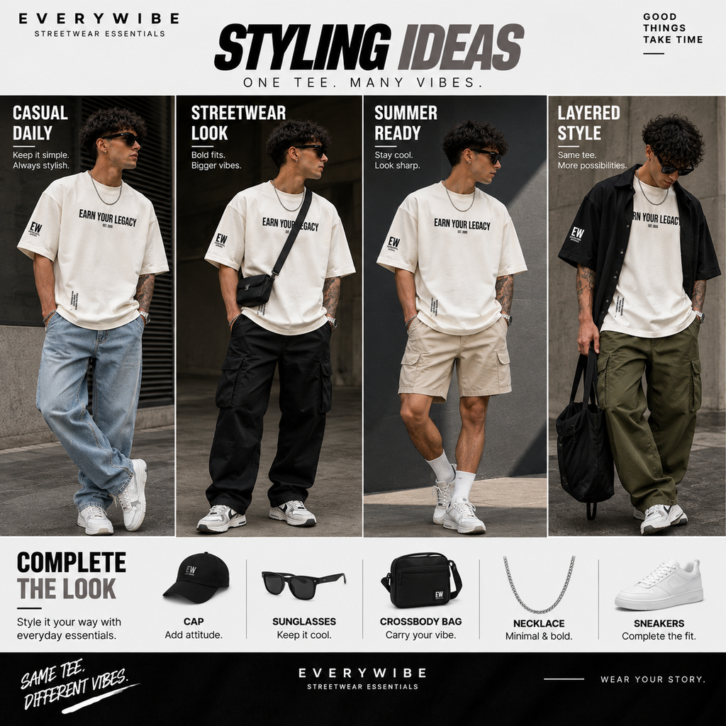 Everywibe off white oversized T-shirt styling ideas with jeans, cargo pants, shorts and layered streetwear outfits