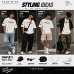 Everywibe off white oversized T-shirt styling ideas with jeans, cargo pants, shorts and layered streetwear outfits