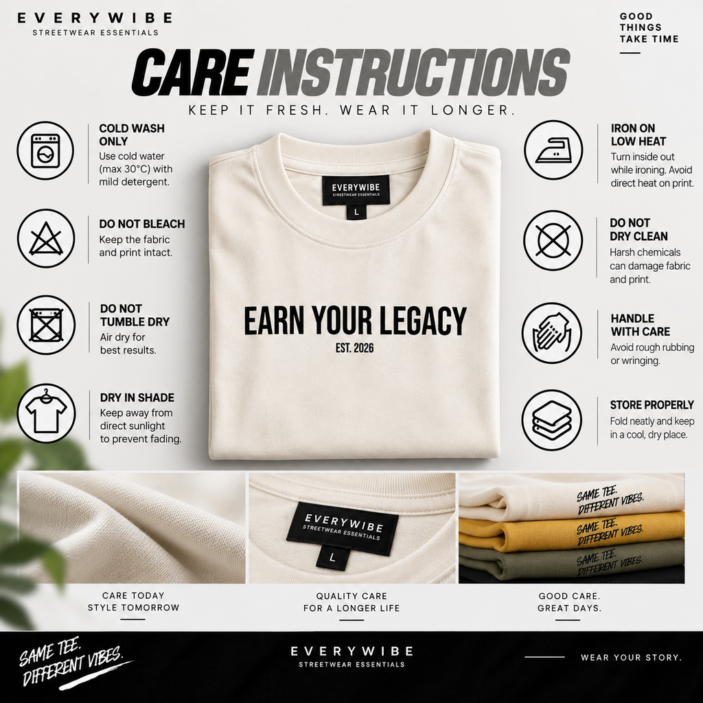 Everywibe off white oversized T-shirt care instructions for cold wash, air drying, ironing and print protection