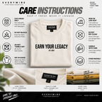 Everywibe off white oversized T-shirt care instructions for cold wash, air drying, ironing and print protection