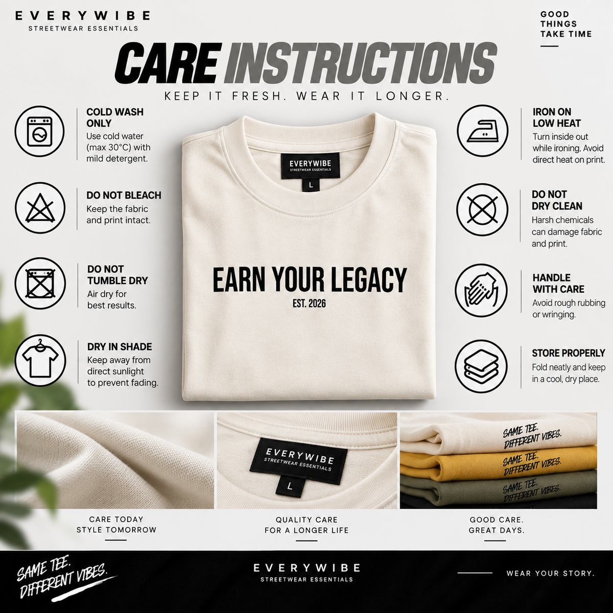 Everywibe off white oversized T-shirt care instructions for cold wash, air drying, ironing and print protection