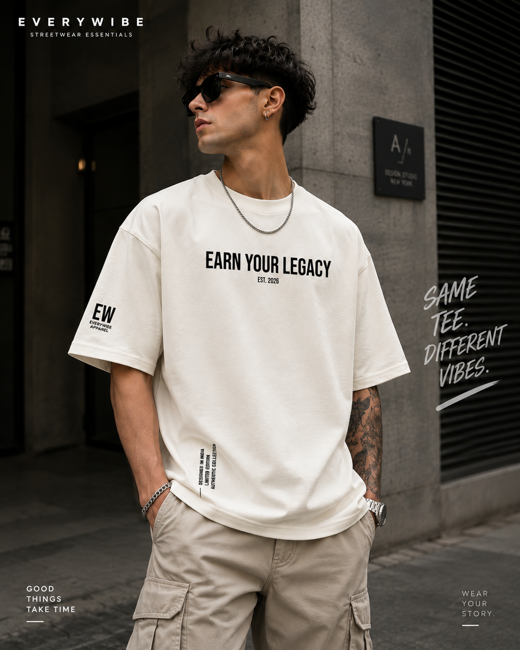 Everywibe off white Earn Your Legacy oversized T-shirt styled on male model with cargo pants