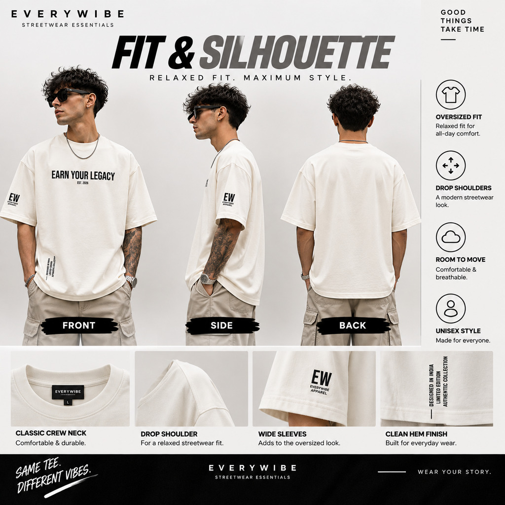 Everywibe off white oversized T-shirt showing relaxed fit, drop shoulders, wide sleeves and clean silhouette