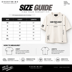 Everywibe Earn Your Legacy oversized T-shirt size guide with XS to 2XL chest and length measurements