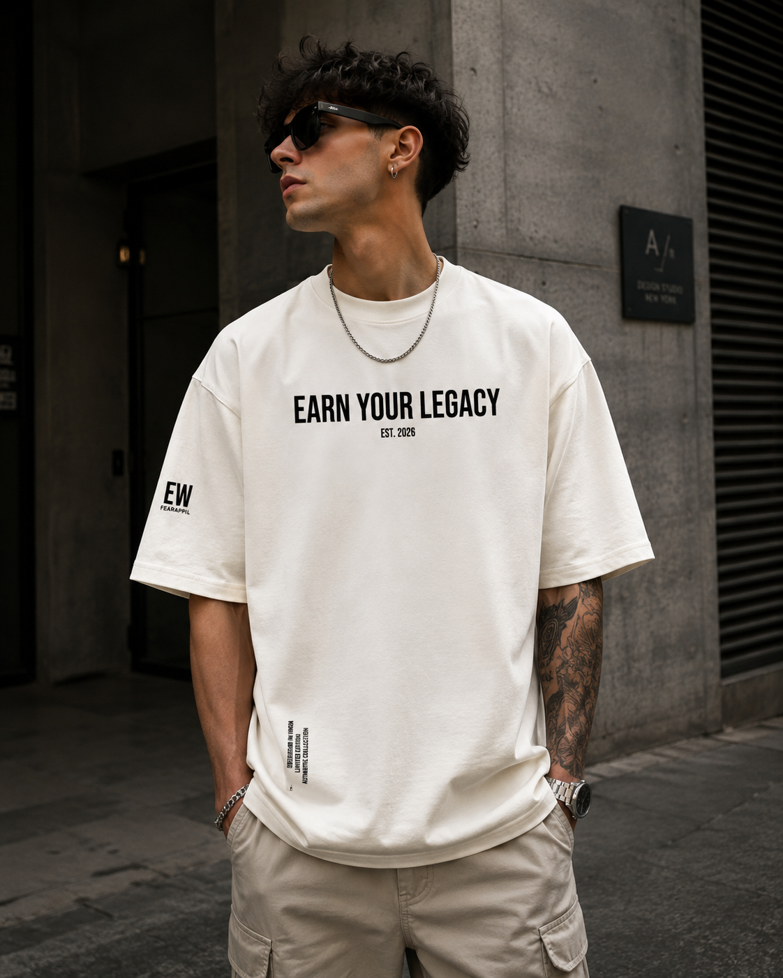 EARN YOUR LEGACY oversized off white t-shirt front view