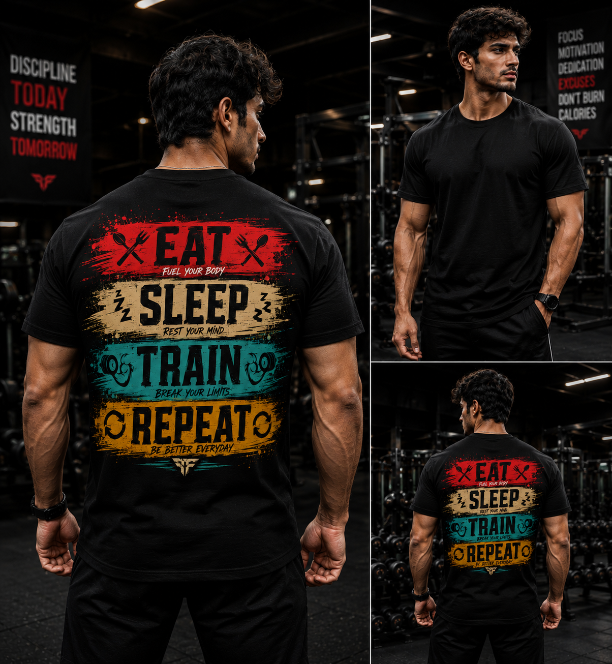Eat Sleep Train Repeat Regular Fit Gym T-Shirt – Motivational Fitness Tee