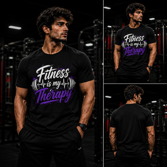 FITNESS IS MY THERAPY Regular Fit Crew Neck Gym T-Shirt