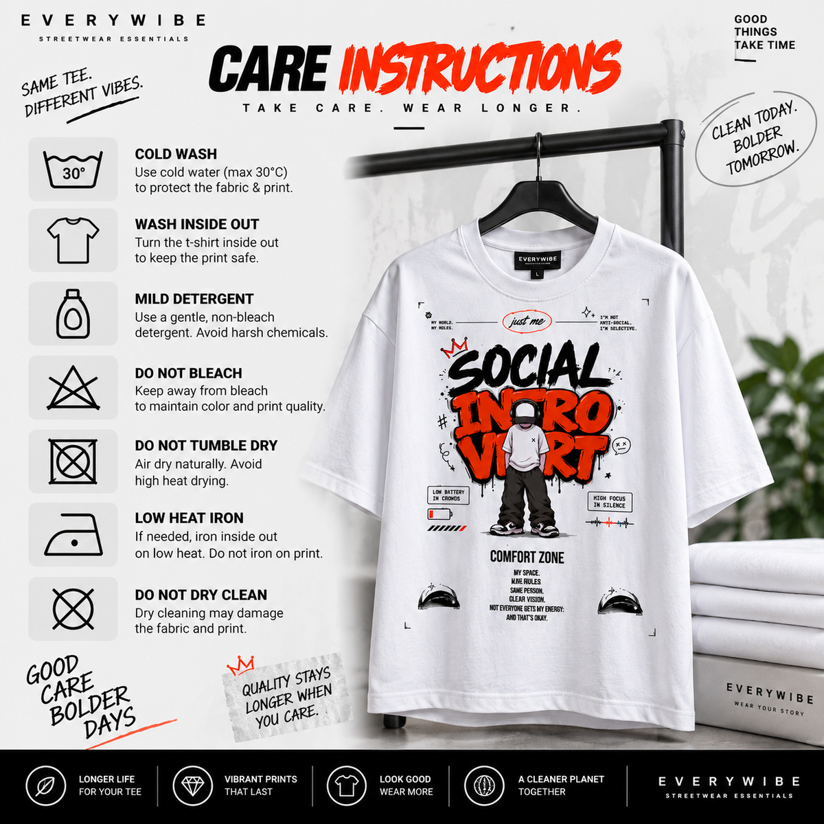 Everywibe Social Introvert oversized T-shirt care instructions for cold wash, inside-out washing and print protection