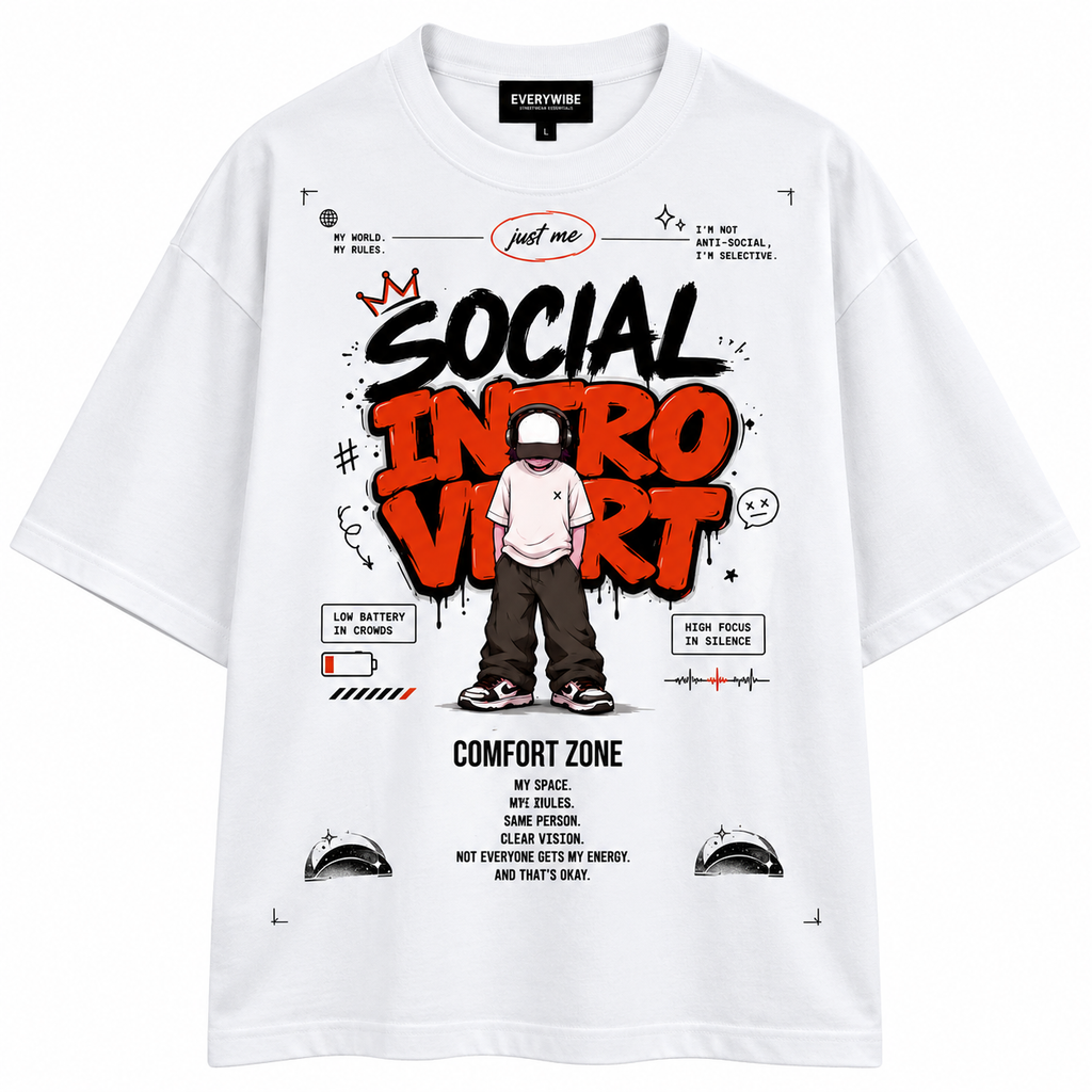 Everywibe white Social Introvert oversized T-shirt with bold graphic streetwear print