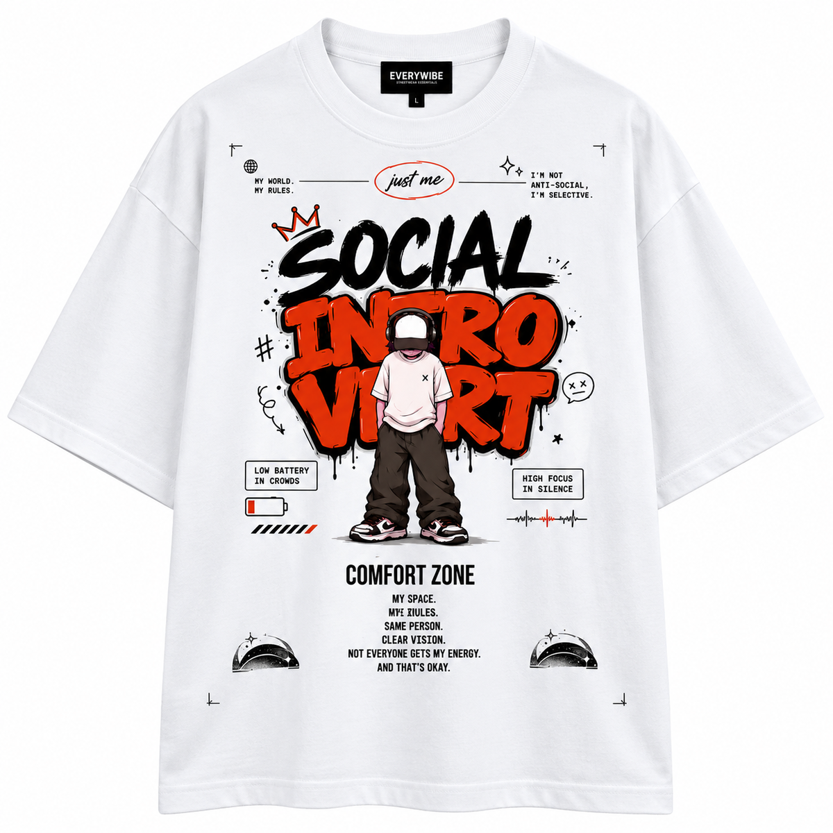 Everywibe white Social Introvert oversized T-shirt with bold graphic streetwear print