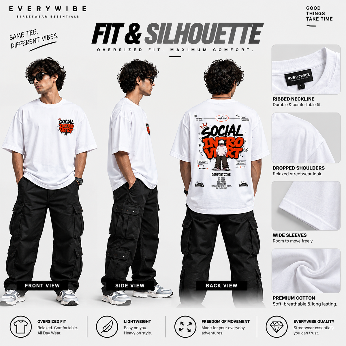 Everywibe Social Introvert oversized T-shirt showing relaxed fit, drop shoulders and wide sleeves