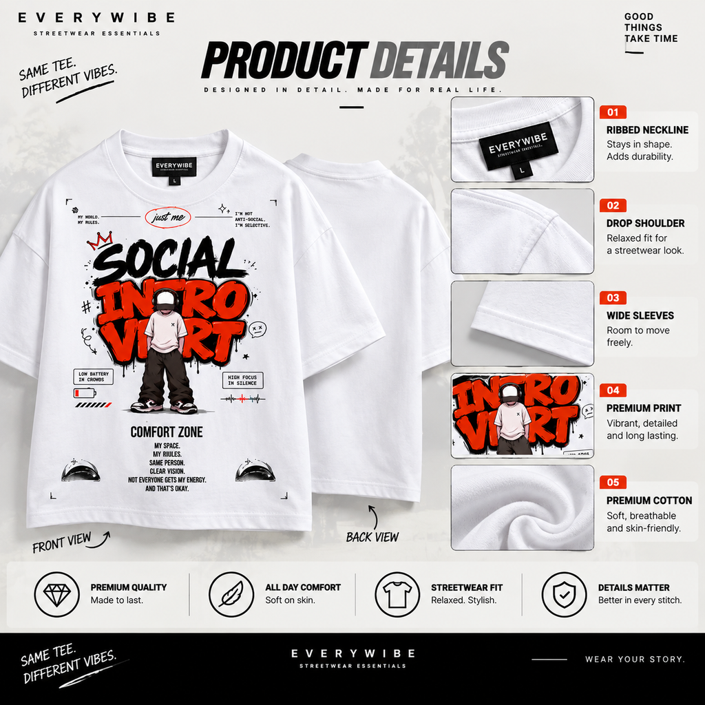 Everywibe Social Introvert oversized T-shirt showing detailed graphic print, ribbed neckline and sleeve construction