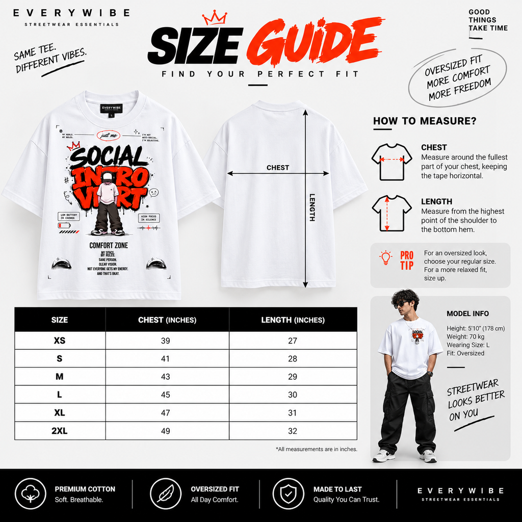 Everywibe Social Introvert oversized T-shirt size guide with XS to 2XL chest and length measurements