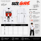 Everywibe Social Introvert oversized T-shirt size guide with XS to 2XL chest and length measurements