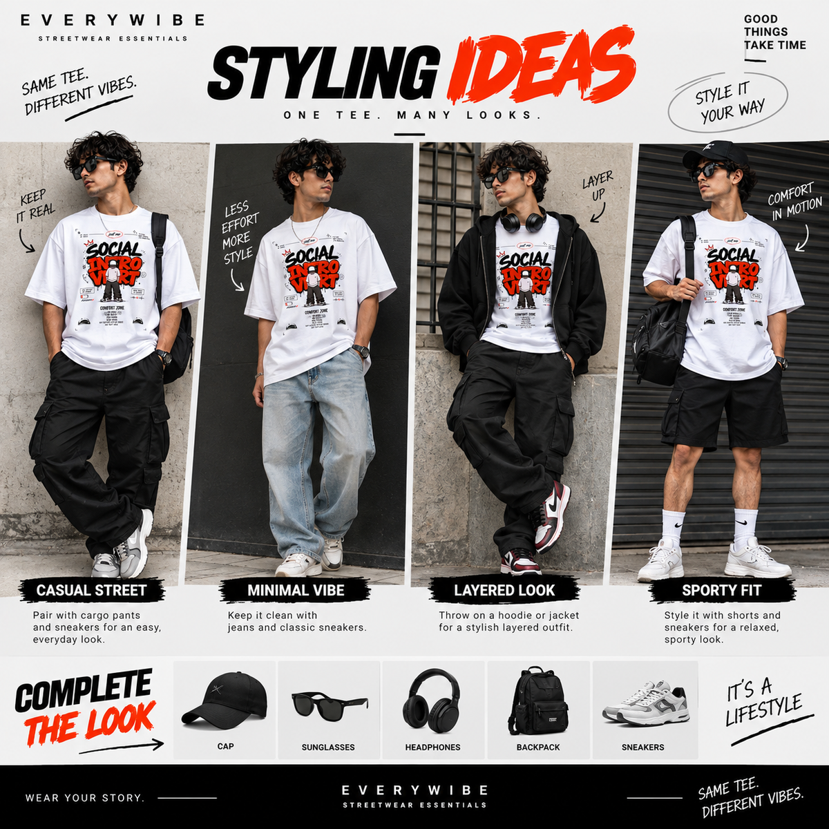 Everywibe Social Introvert oversized graphic T-shirt styling ideas with cargo pants, jeans, sneakers and layered outfits