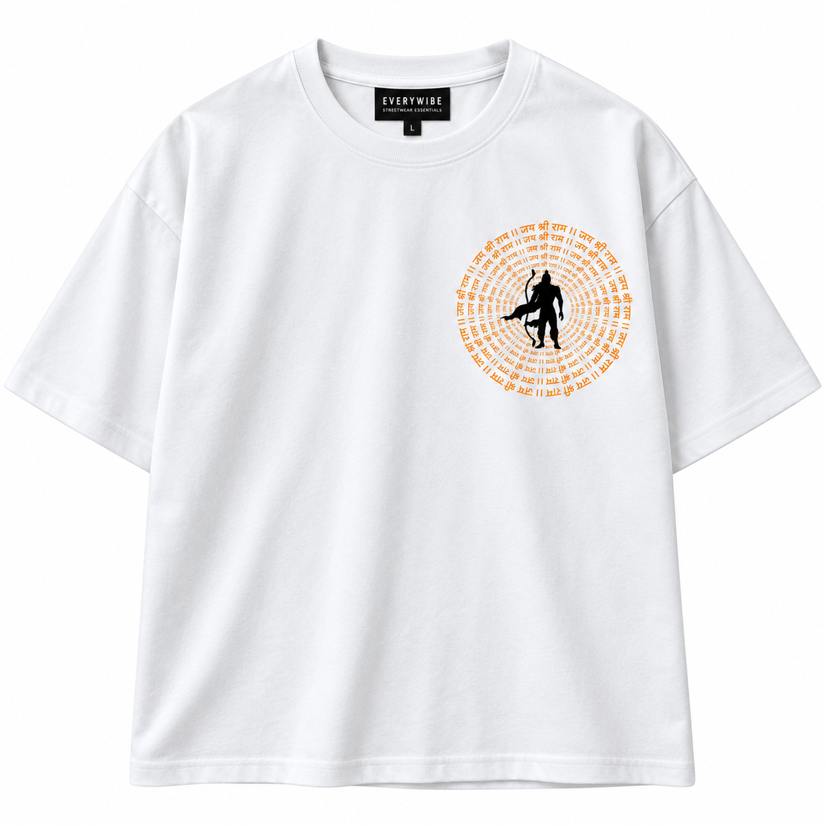 Everywibe white Jai Shree Ram spiral mandala oversized T-shirt with orange graphic print