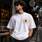 Everywibe white Jai Shree Ram oversized T-shirt styled on male model with black pants