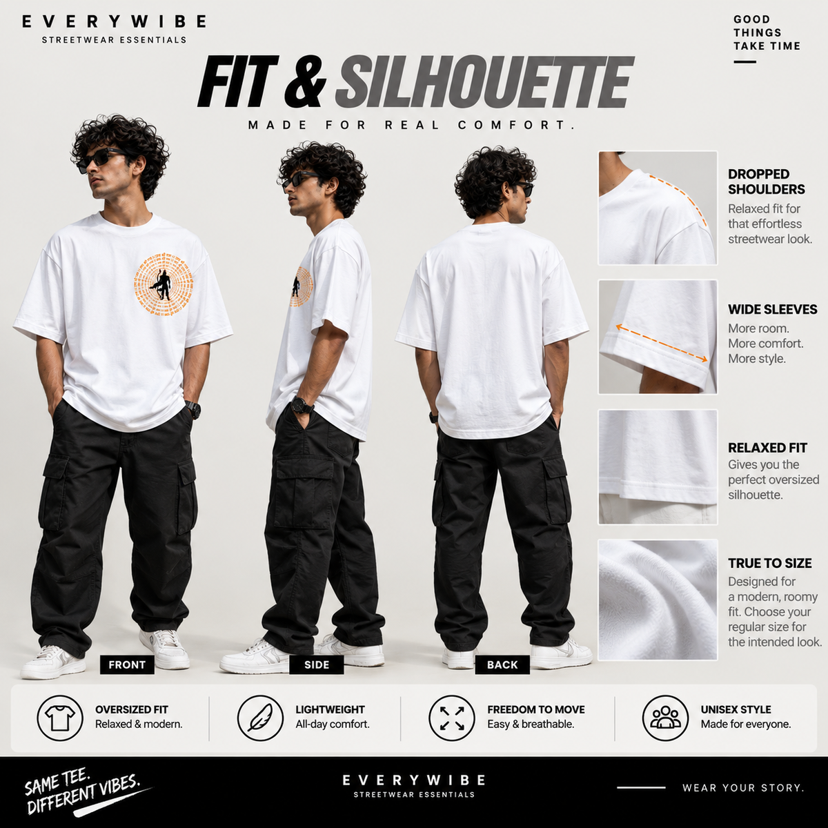 Everywibe Jai Shree Ram white oversized T-shirt showing relaxed fit, wide sleeves and drop shoulders