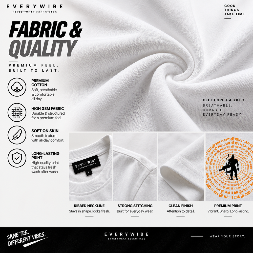 Everywibe white oversized T-shirt showing premium cotton fabric, soft texture and quality stitching