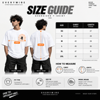 Everywibe oversized T-shirt size guide with XS to 2XL chest and length measurements