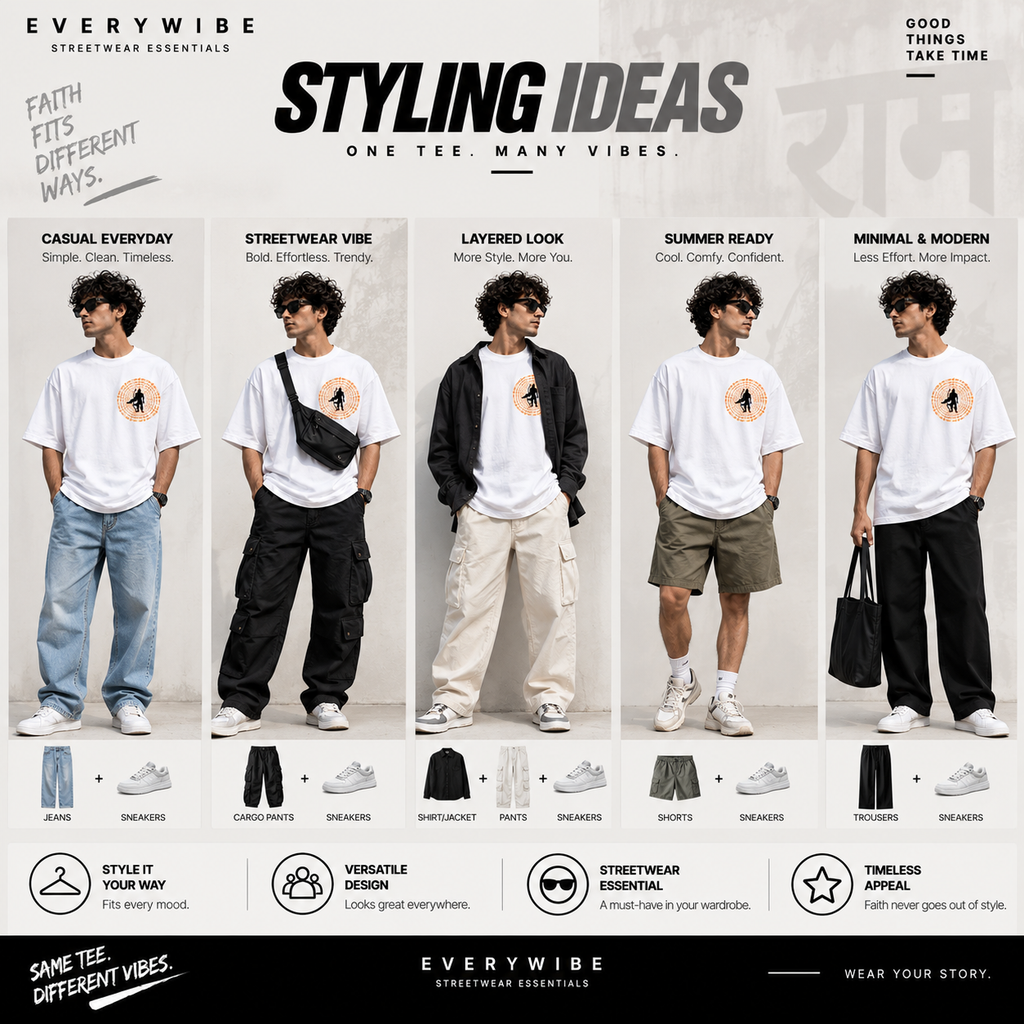 Everywibe white Jai Shree Ram oversized T-shirt styling ideas with black pants, jeans, cargo pants and sneakers