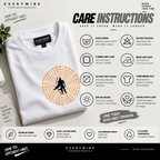 Everywibe white graphic oversized T-shirt care instructions for cold wash, low heat drying and print protection