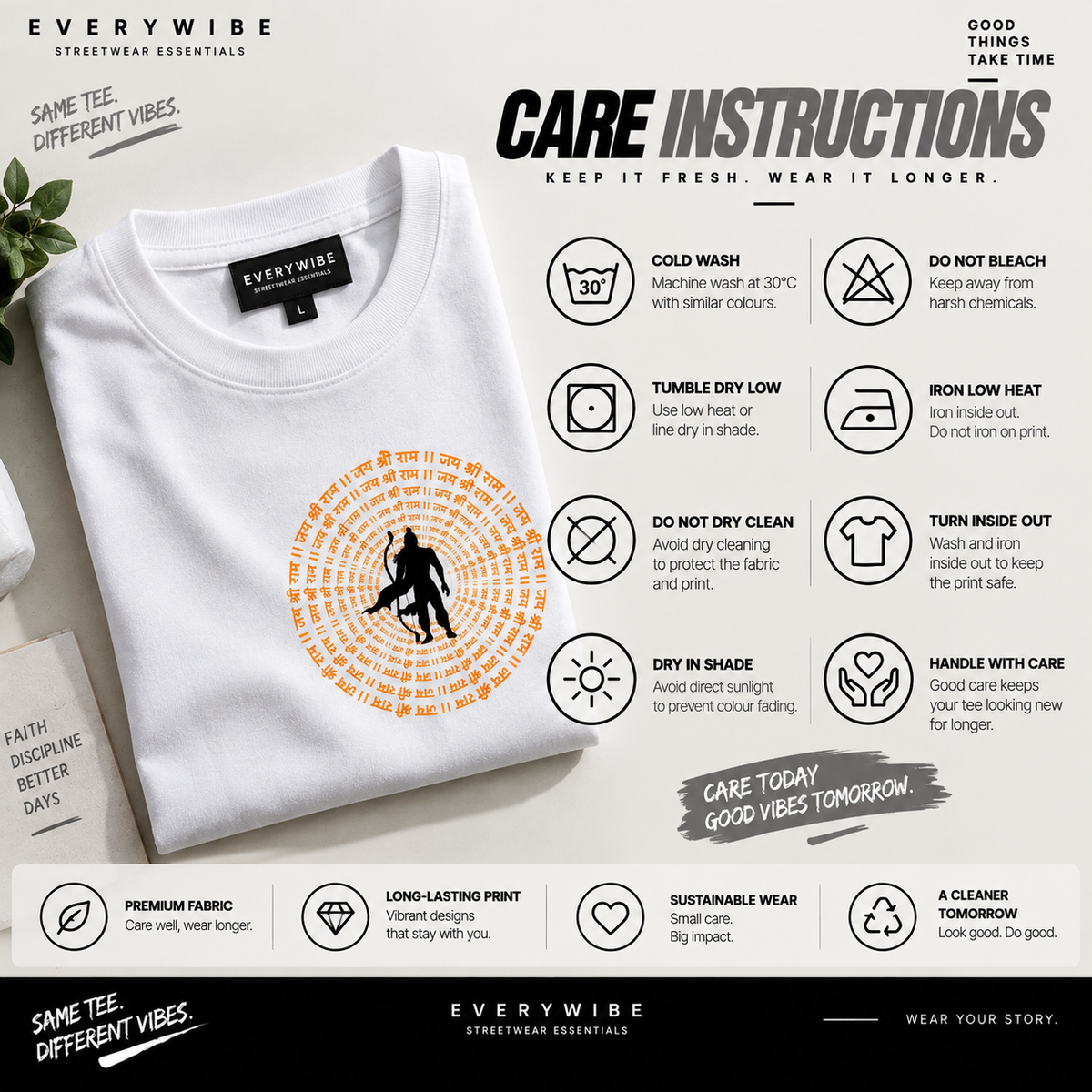 Everywibe white graphic oversized T-shirt care instructions for cold wash, low heat drying and print protection