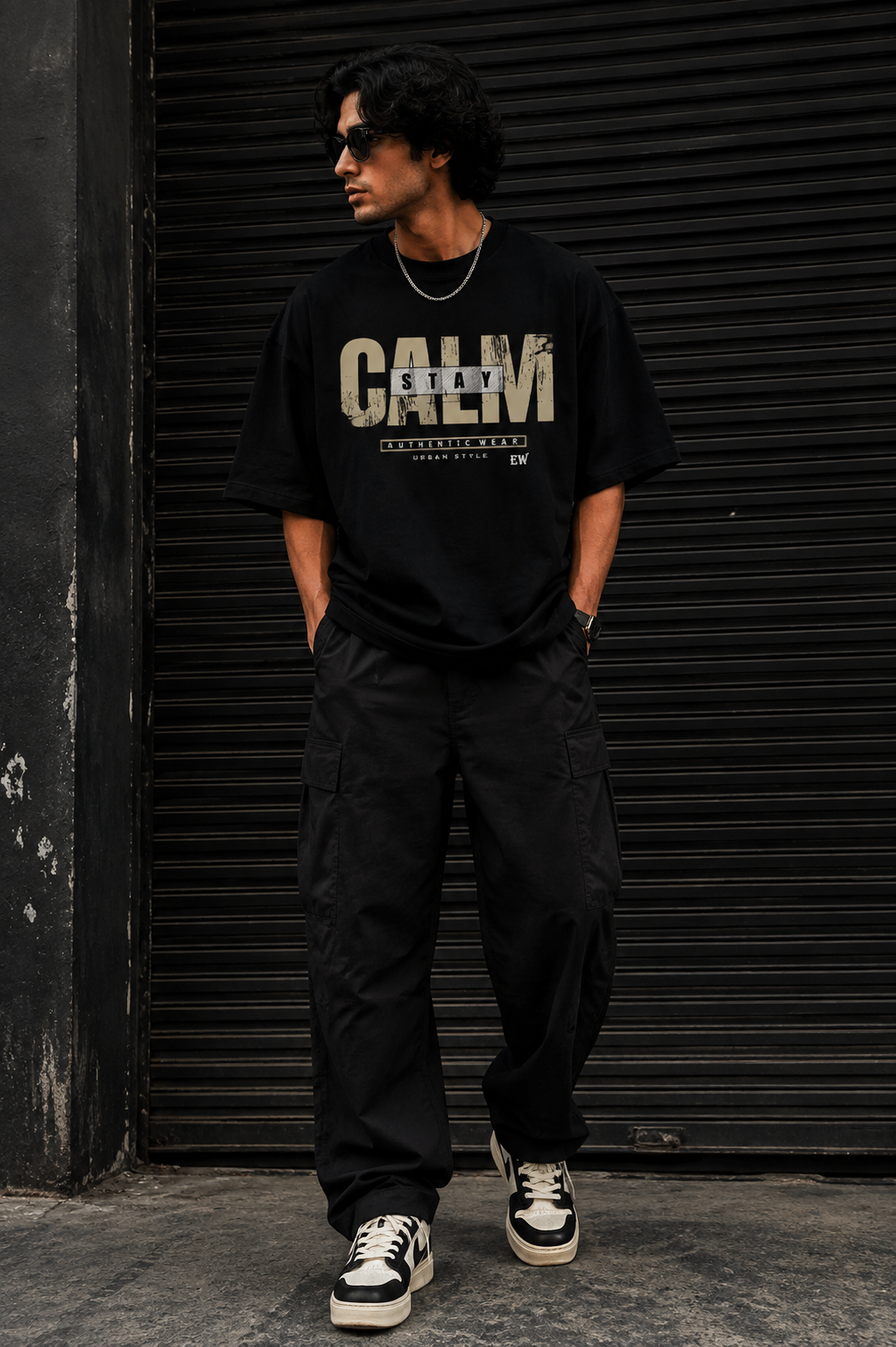 STAY CALM Oversized Black Graphic T-Shirt | EW