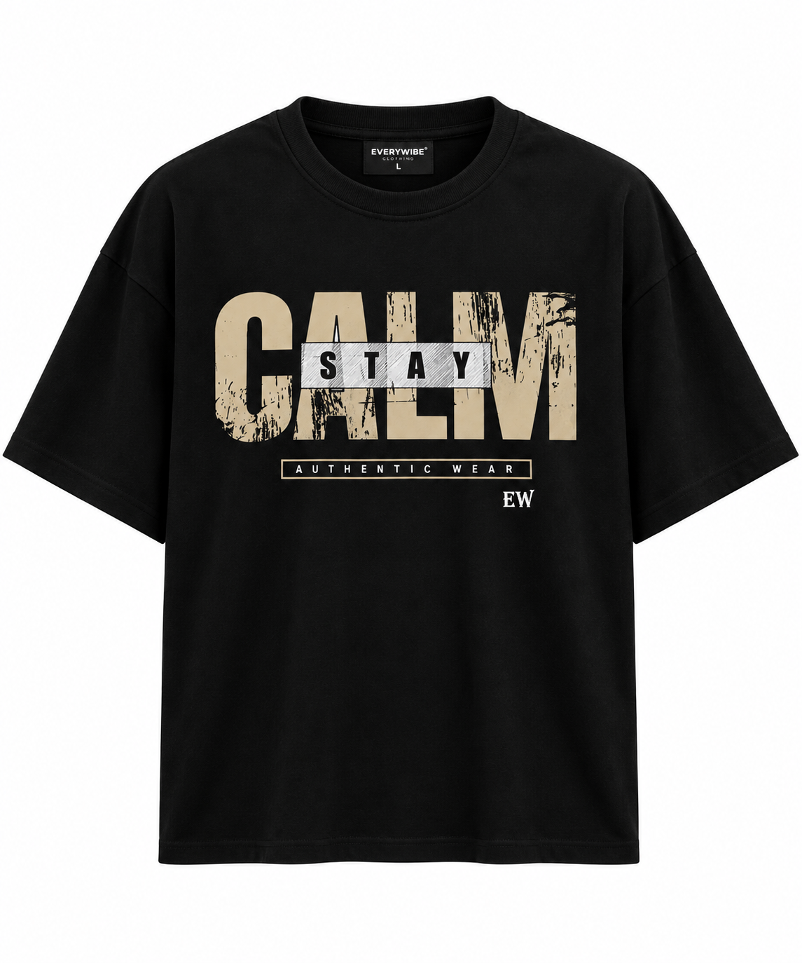 Everywibe STAY CALM oversized black graphic T-shirt with distressed front print