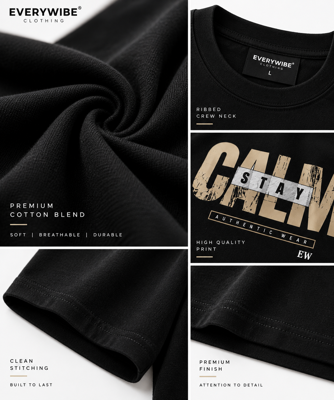Everywibe STAY CALM black T-shirt fabric, ribbed crew neck, print and stitching details