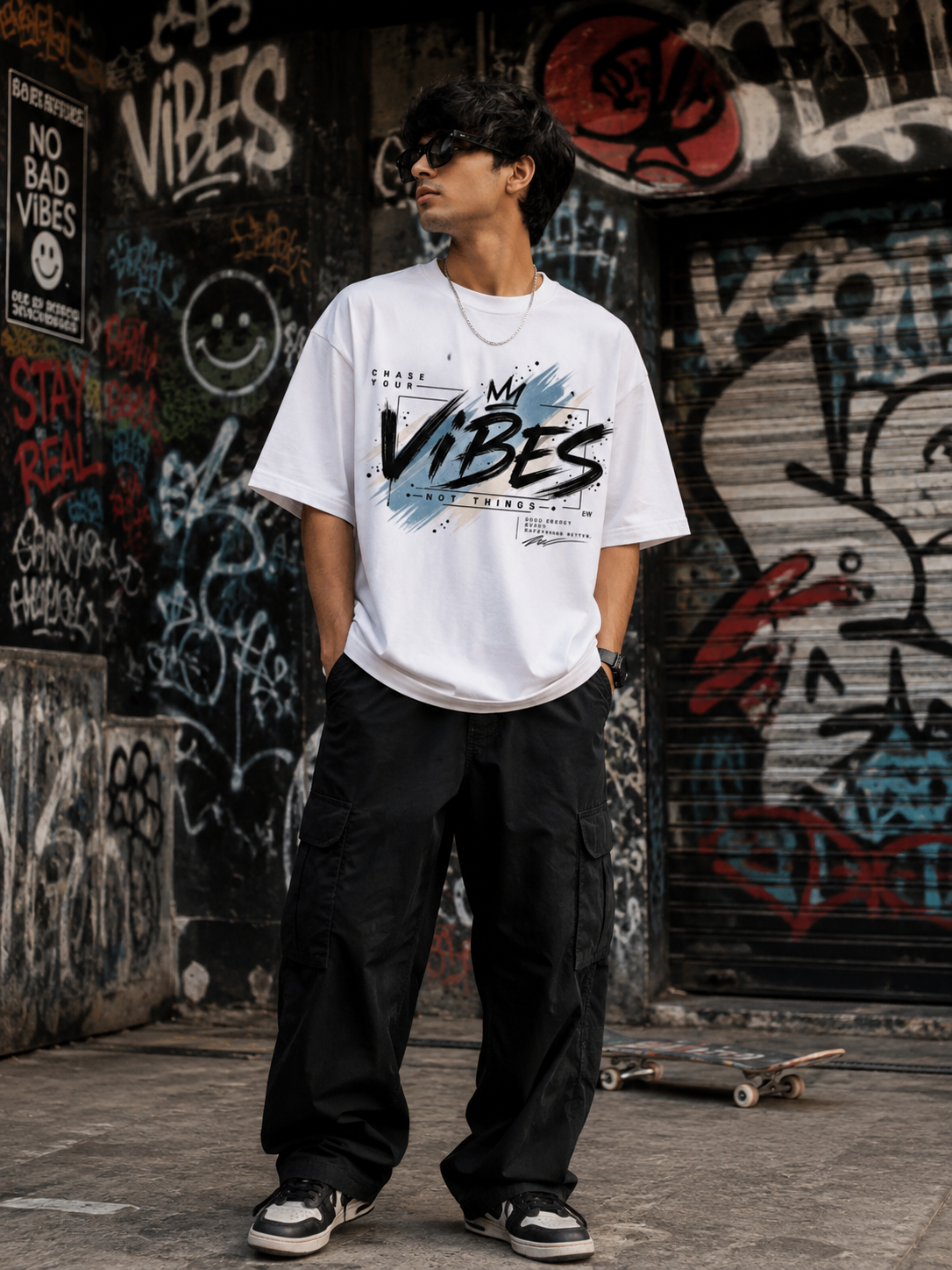 Everywibe VIBES white oversized graphic T-shirt