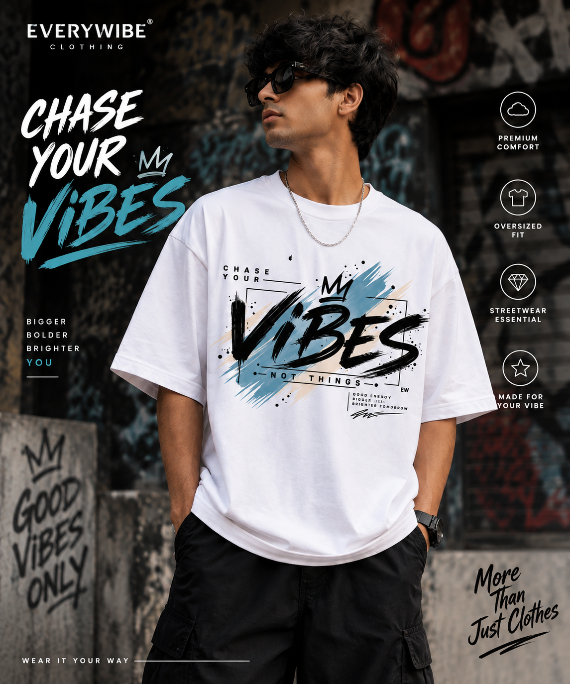 Everywibe white oversized VIBES graphic T-shirt styled on model for streetwear look