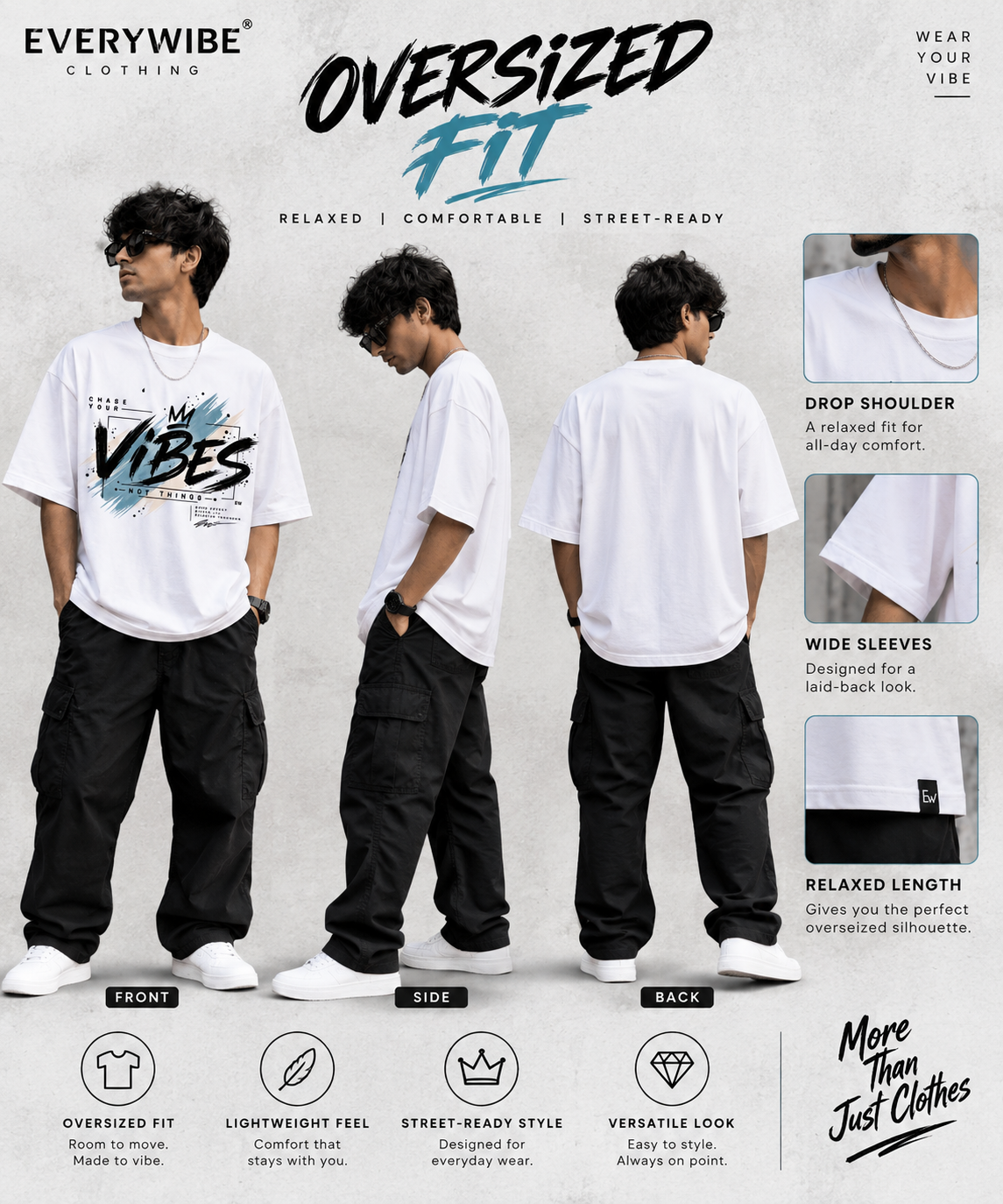 Everywibe VIBES oversized T-shirt showing relaxed fit, drop shoulders and wide sleeves
